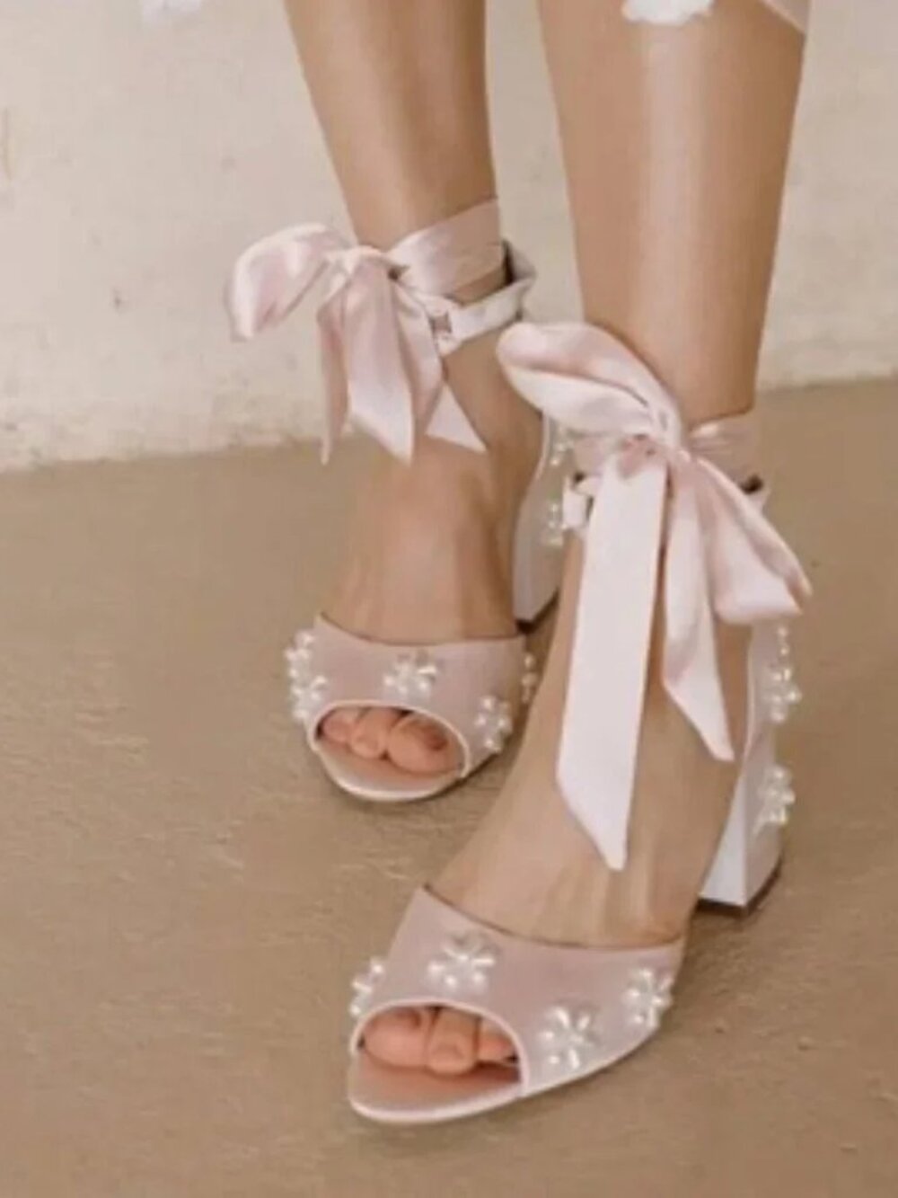 XYD Light Pink Open Toe Sandals with Bloom Pearl Flower Ribbon Ankle Strap Shoes